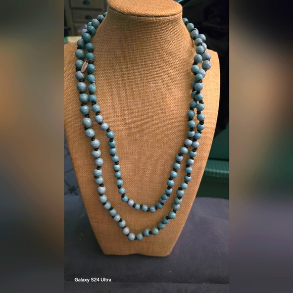 Plunder Long 62" Turquoise Blue Beaded Knotted Brown Cord Mabel Necklace - Picture 1 of 3